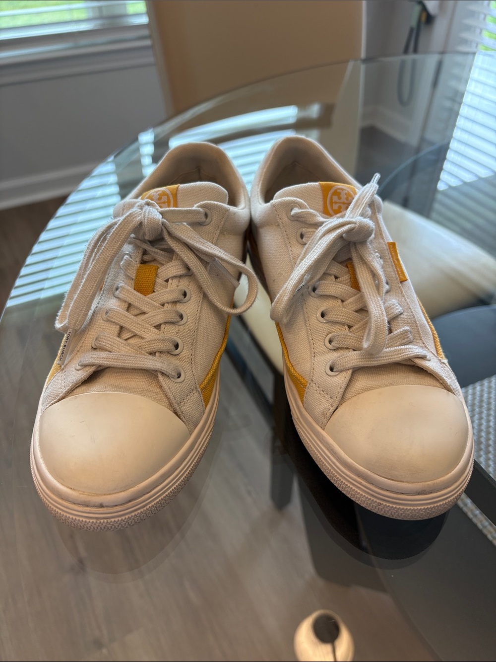 Tory Burch Cream Canvas Sneakers with Yellow Accent